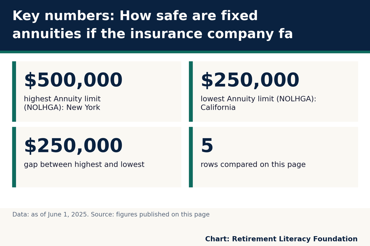 Key numbers: $500,000 highest Annuity limit (NOLHGA): New York; $250,000 lowest Annuity limit (NOLHGA): California